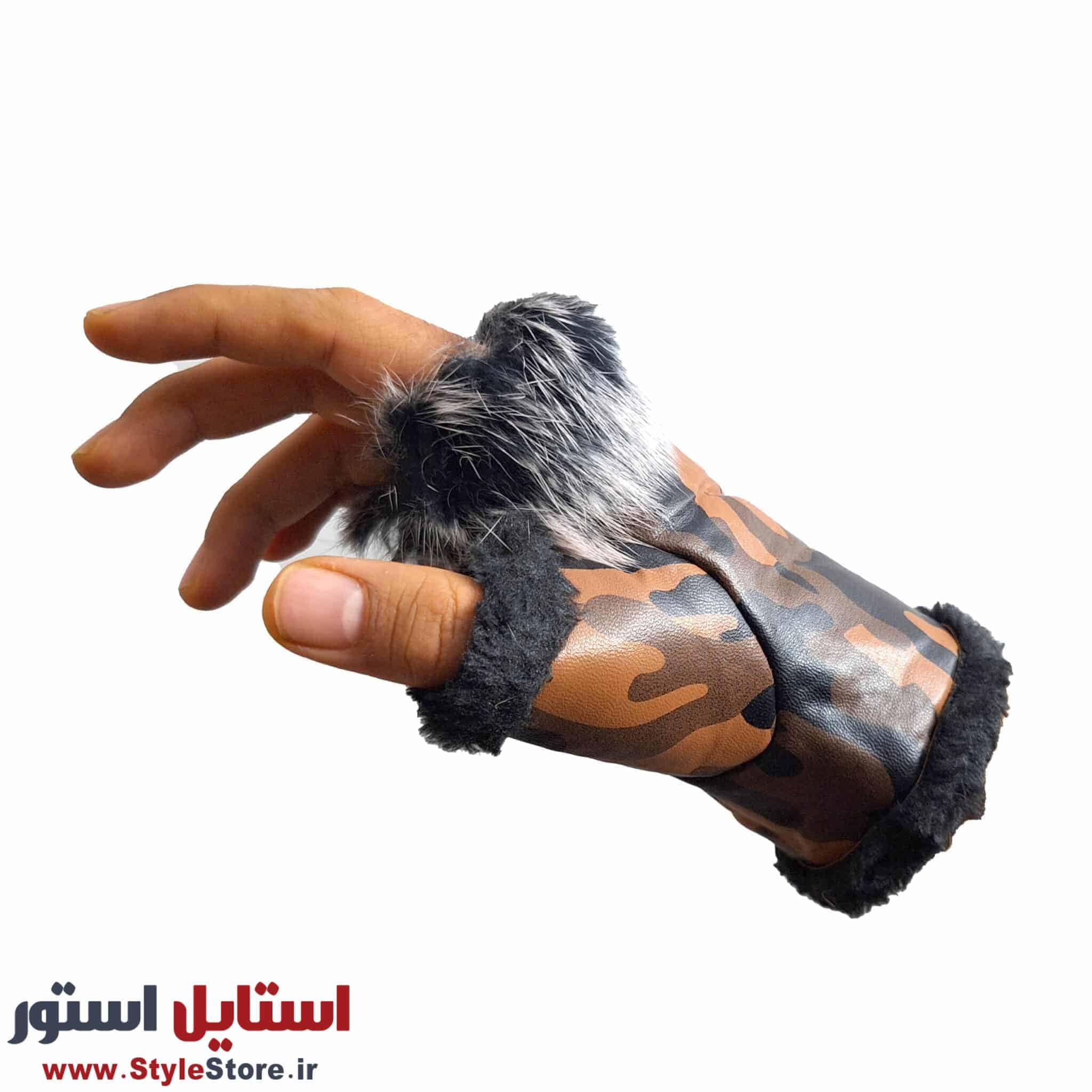 دستکش زنانه نیم انگشتی خز دار چریکی رنگ قهوه ای — تصویر ۹