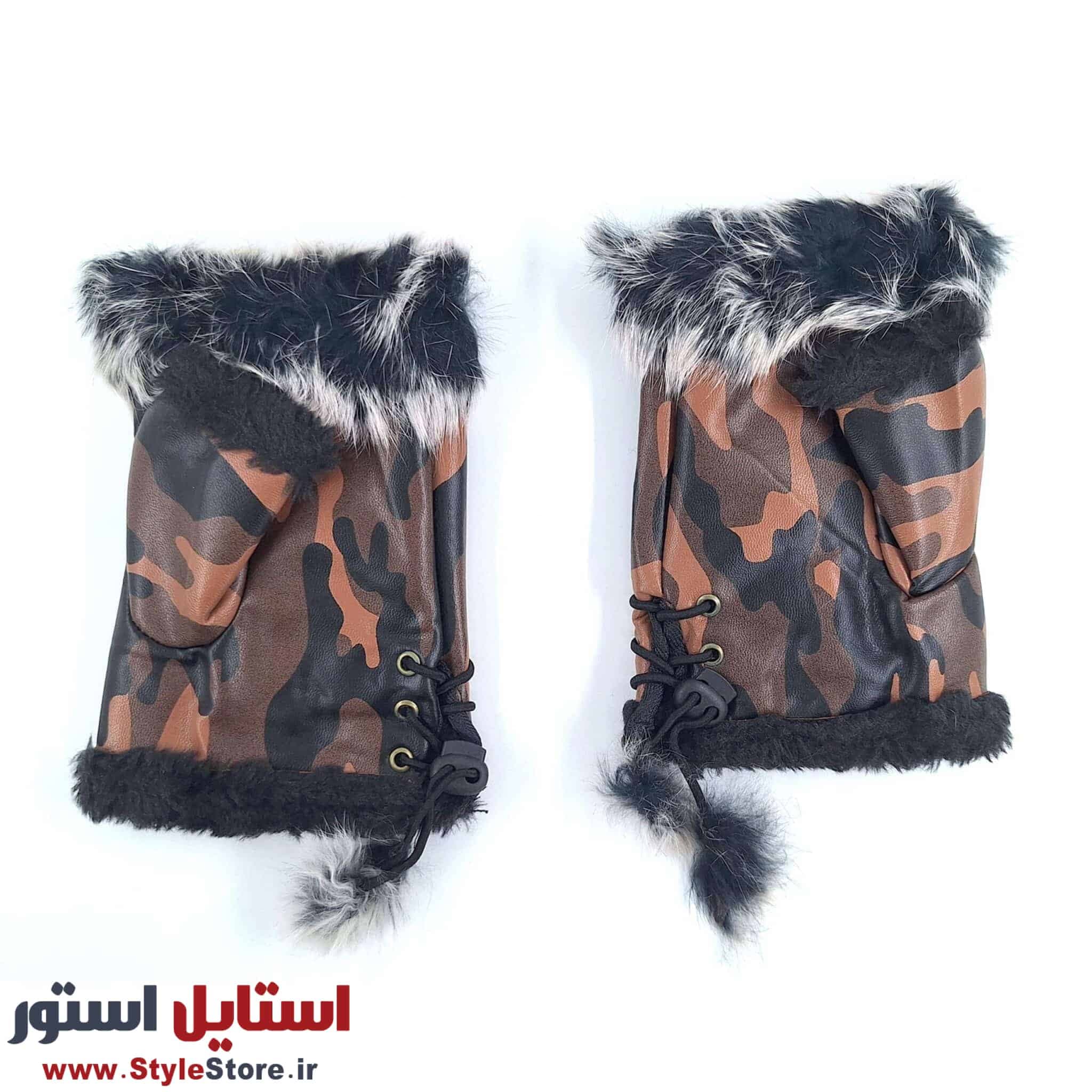 دستکش زنانه نیم انگشتی خز دار چریکی رنگ قهوه ای — تصویر ۸