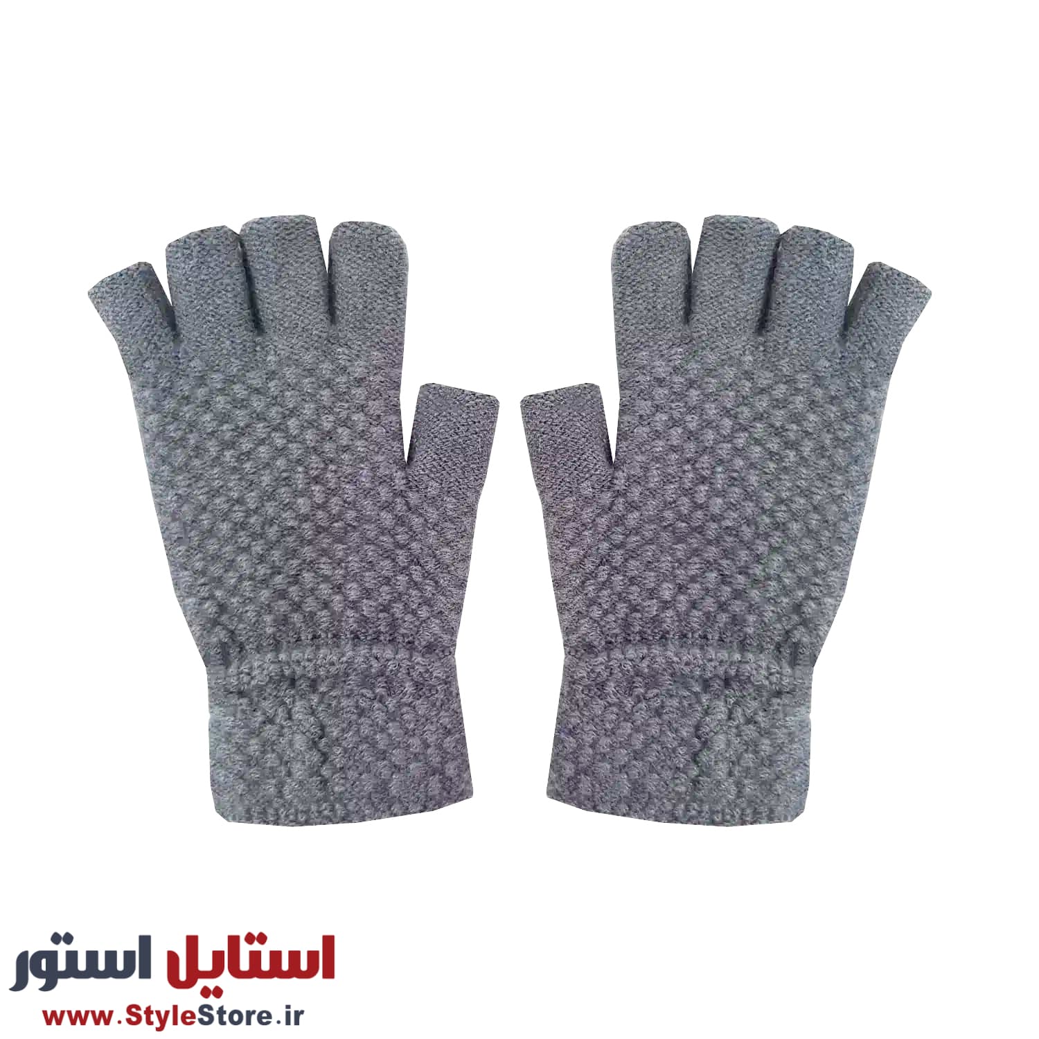 دستکش بافتنی نیم انگشتی کد 1472 رنگ طوسی روشن