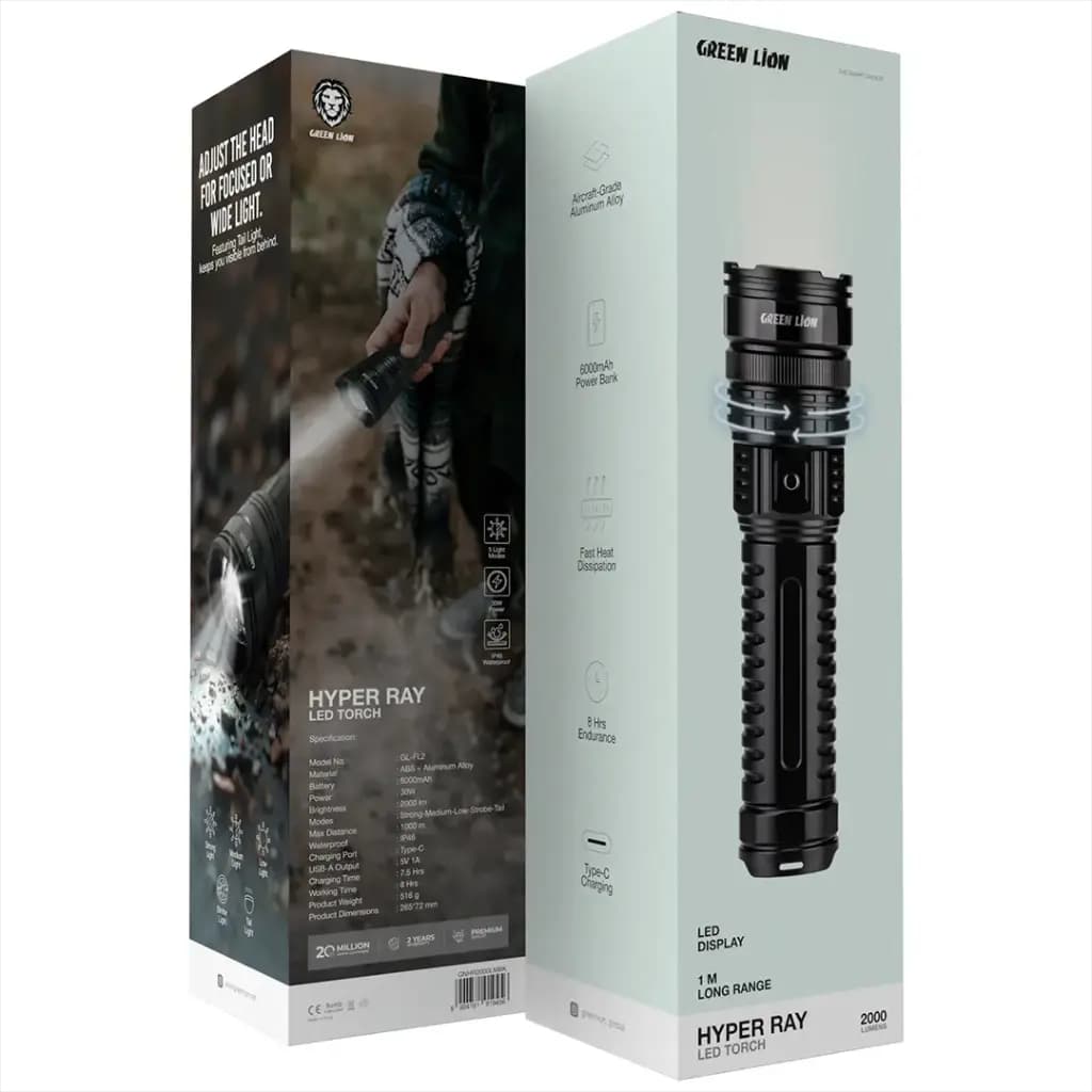 چراغ قوه گرین لاین مدل Hyper Ray GNHR2000LMBK با شدت نور ۲۰۰۰ لومن و برد ۱۰۰۰ متر — تصویر ۵