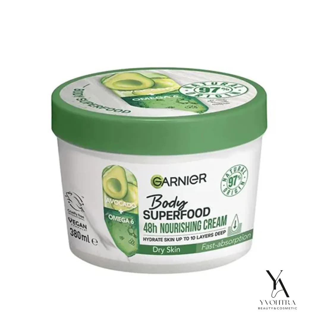 کرم بدن آبرسان و مرطوب کننده آواکادو و امگا 6 گارنیر Garnier مدل Superfood مناسب برای پوست خشک و حساس حجم 380 میل