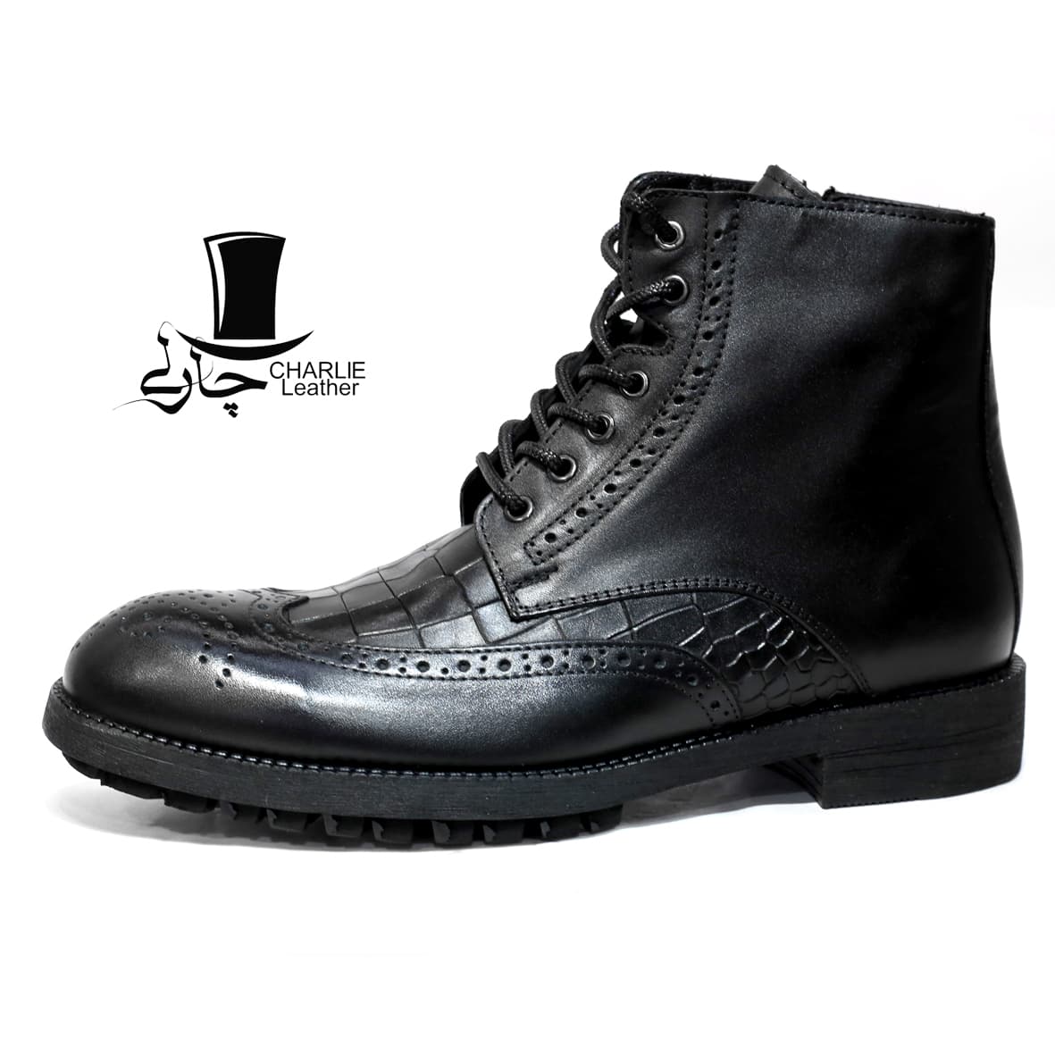 نیم بوت چرم مردانه مدل گریم رویه کروکودیل مشکی