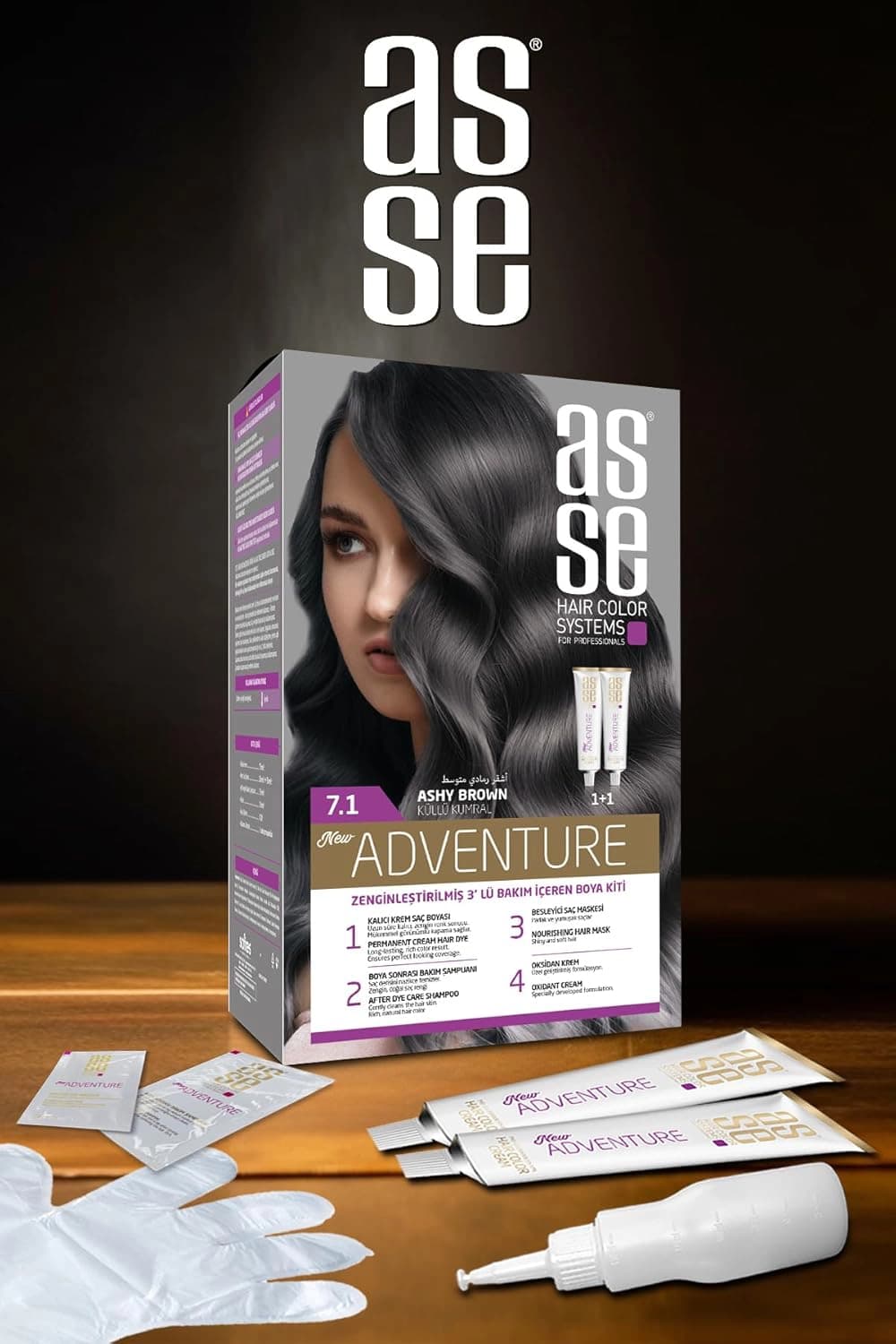 کیت رنگ موی بدون آمونیاک آسه ASSE قهوه ای خاکستری شماره 7.1 حجم 50+50 میل — تصویر ۸