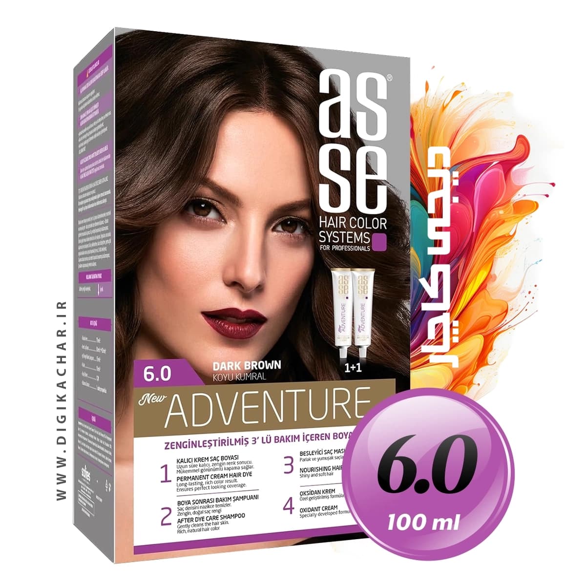 کیت رنگ موی بدون آمونیاک آسه ASSE قهوه ای تیره شماره 6.0 حجم 50+50 میل