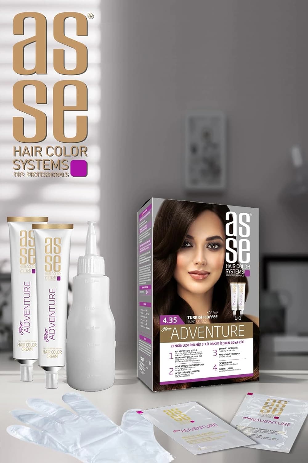 کیت رنگ موی بدون آمونیاک آسه ASSE قهوه ترکی شماره 4.35 حجم 50+50 میل — تصویر ۱۱