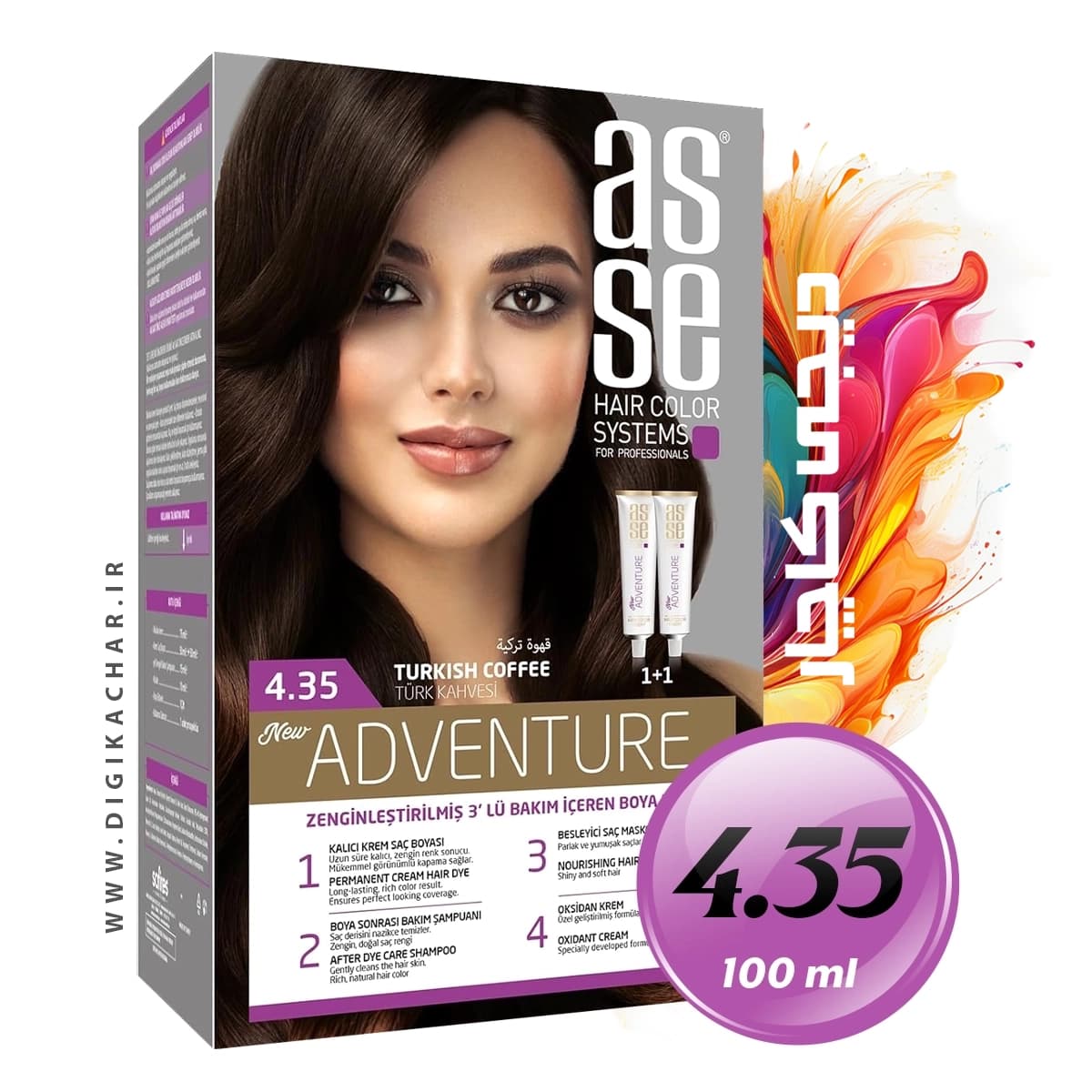کیت رنگ موی بدون آمونیاک آسه ASSE قهوه ترکی شماره 4.35 حجم 50+50 میل — تصویر ۶