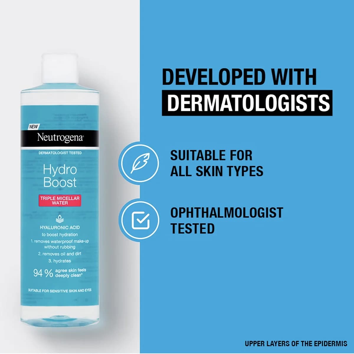 میسلار واتر 3 فاز نوتروژینا مدل Neutrogena Hydro Boost Triple Micellar Water سری تمیز کننده های هیدروبوست حاوی هیالورونیک اسید برای پاک سازی عمیق ، پوست حساس 400 میل — تصویر ۵