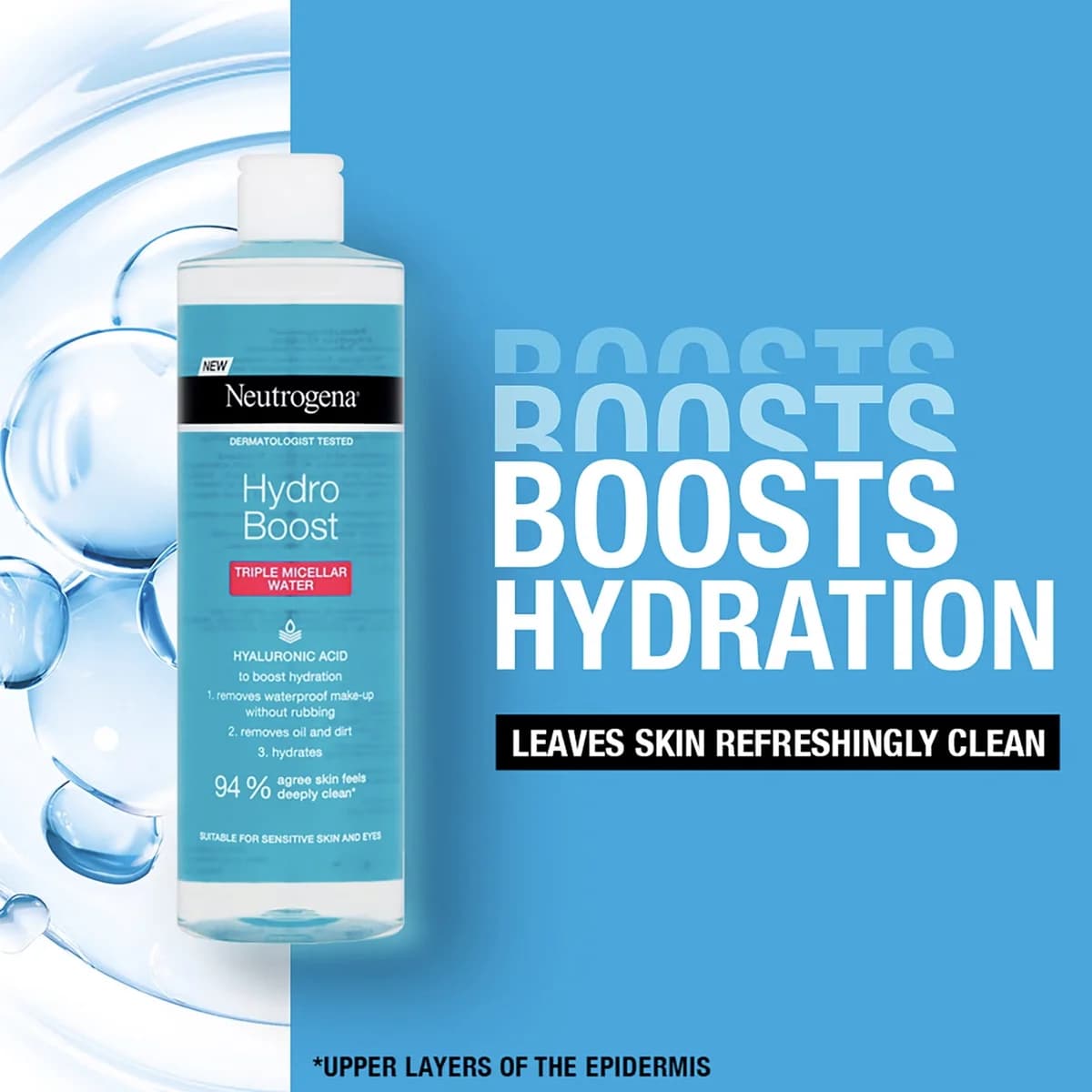 میسلار واتر 3 فاز نوتروژینا مدل Neutrogena Hydro Boost Triple Micellar Water سری تمیز کننده های هیدروبوست حاوی هیالورونیک اسید برای پاک سازی عمیق ، پوست حساس 400 میل — تصویر ۷
