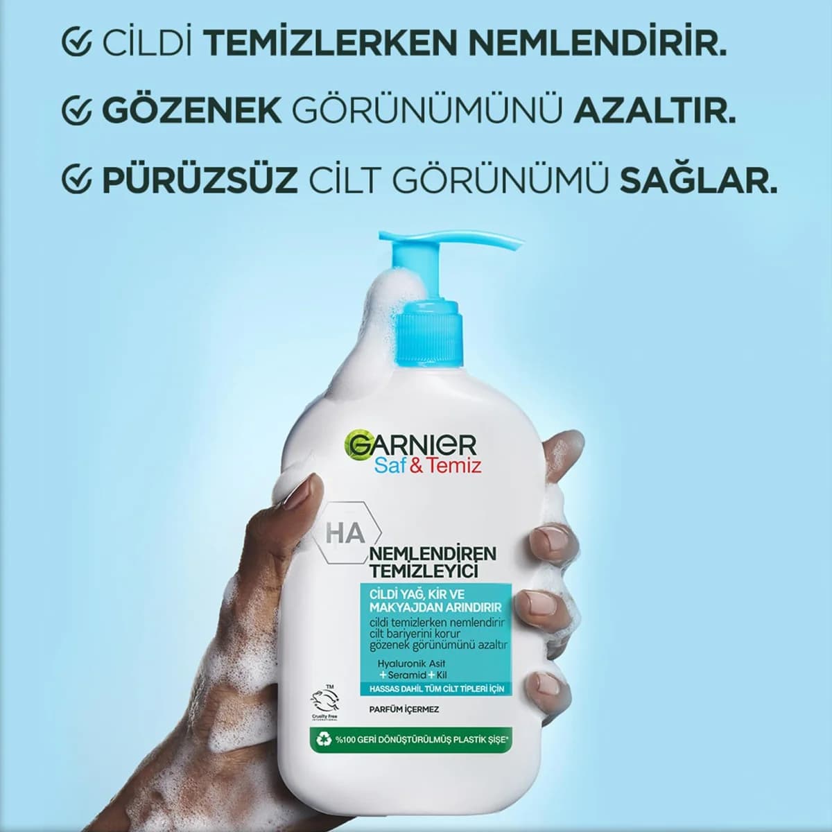 شوینده کرمی صورت گارنیر مدل Saf & temiz nemlendiren temizleyici صاف و تمیز حاوی هیالونیک اسید ،مرطوب کننده ، ضد لک ، جوان ساز حجم 250 میل — تصویر ۸