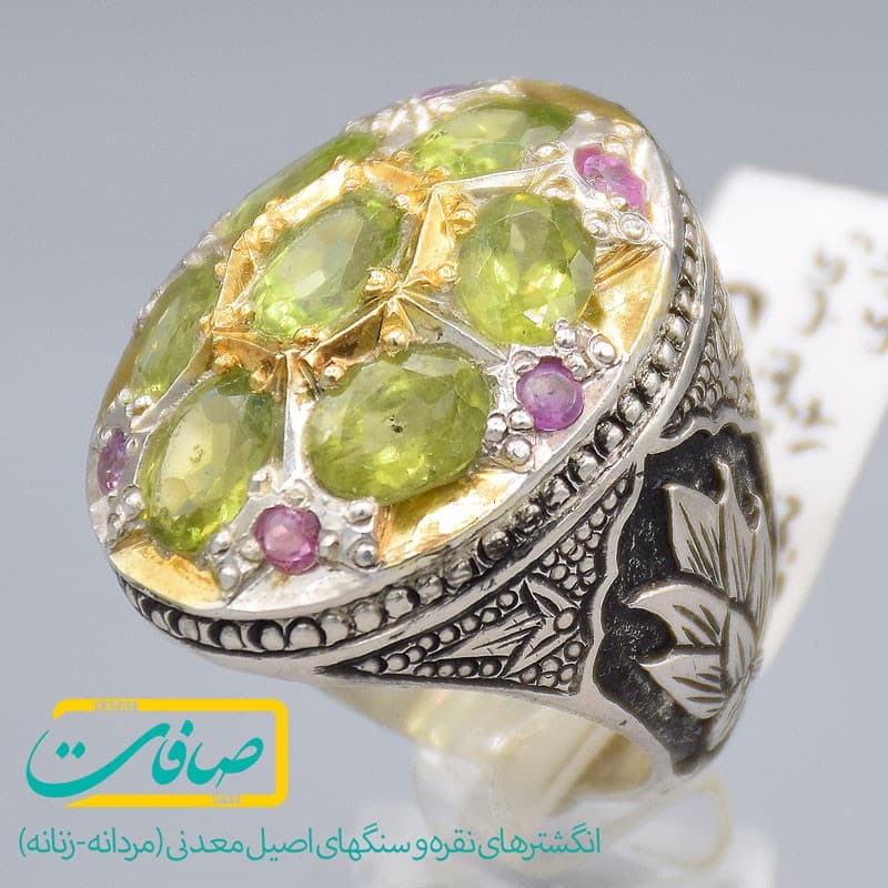 انگشتر چند نگین شامل 7 زبرجد و 6 یاقوت قرمز مردانه مردانه «کد 2968»