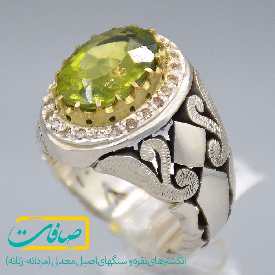 انگشتر زبرجد تراشدار دارای 24 عدد الماس مردانه «کد 2964»