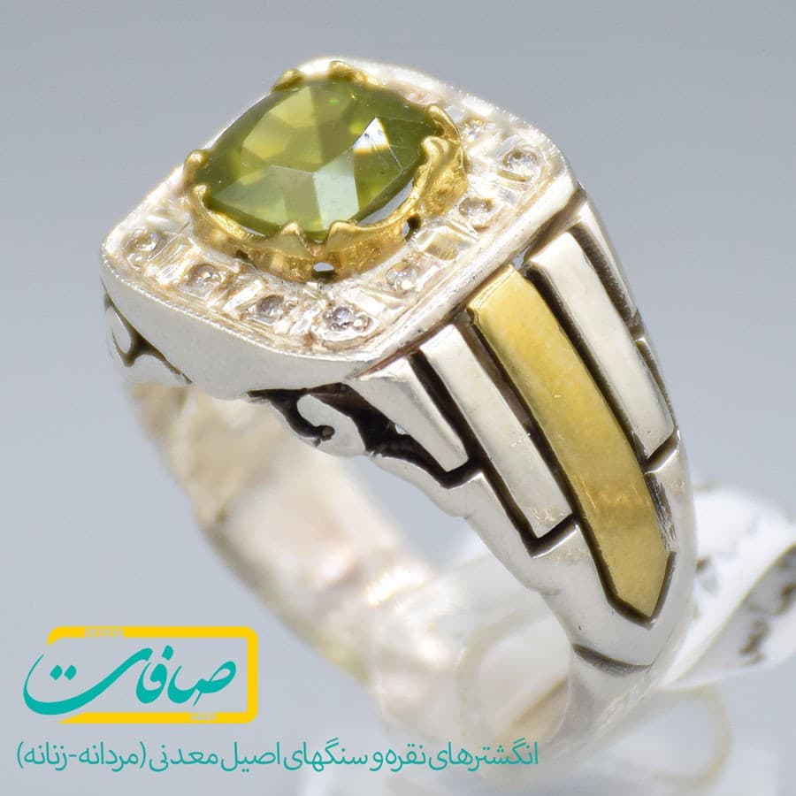 انگشتر زبرجد تراشدار دارای 12 عدد الماس مردانه «کد 2953»