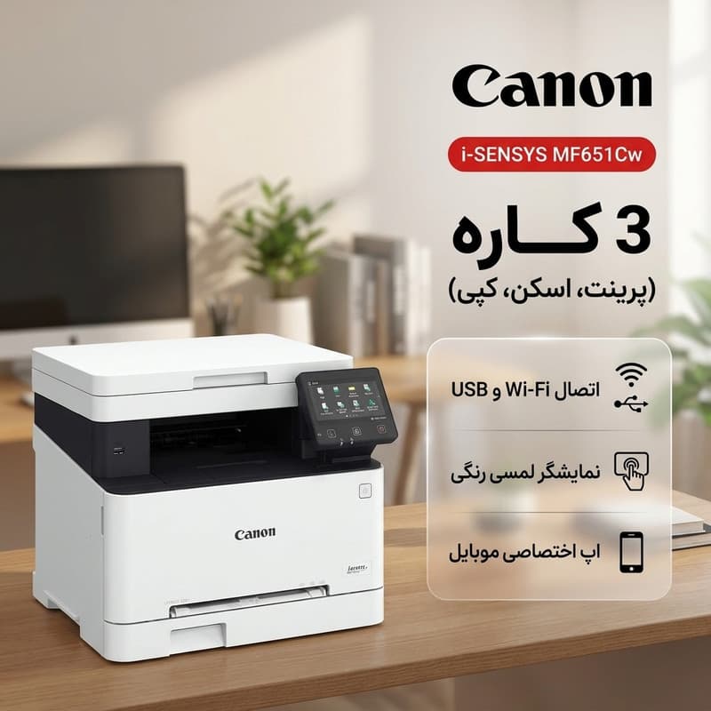 پرینتر لیزری 3 کاره سایز A4 کانن مدل i-SENSYS MF651Cw با اتصال USB و Wi-Fi، نمایشگر لمسی رنگی و اپ اختصاصی موبایل — تصویر ۳