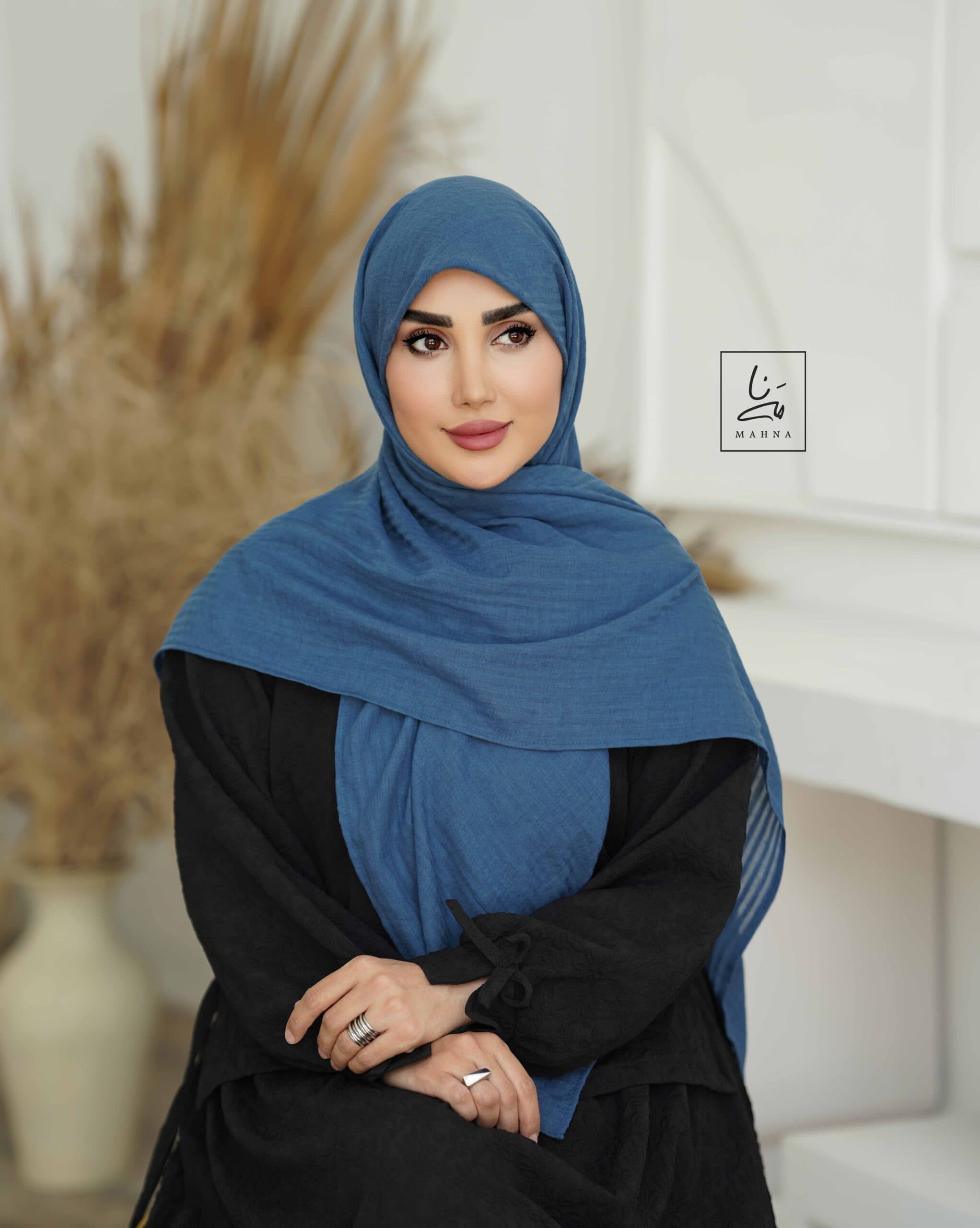 روسری وال نخی راه راه آبی نفتی — تصویر ۳