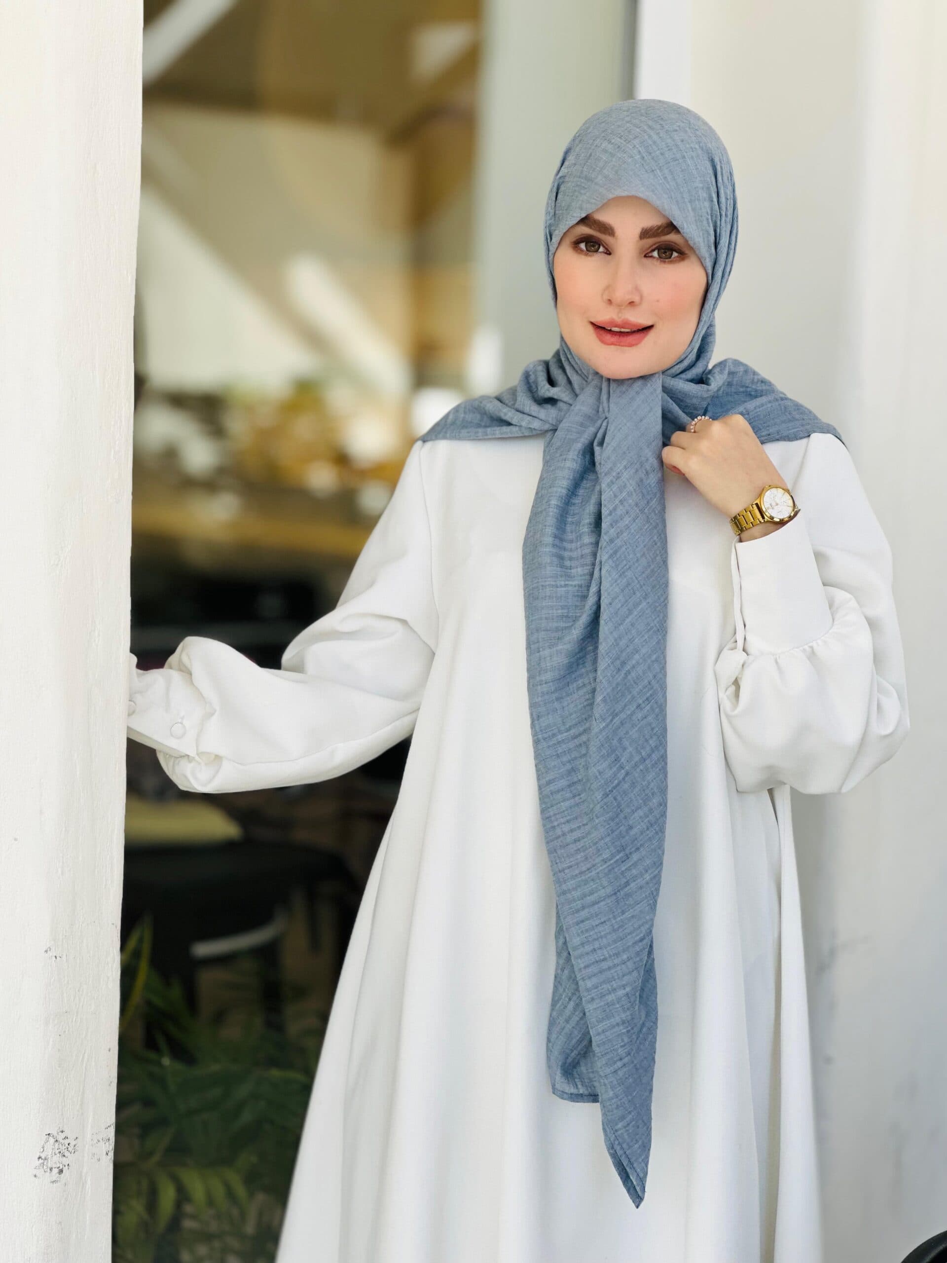 روسری وال نخی راه راه نقرآبی — تصویر ۵