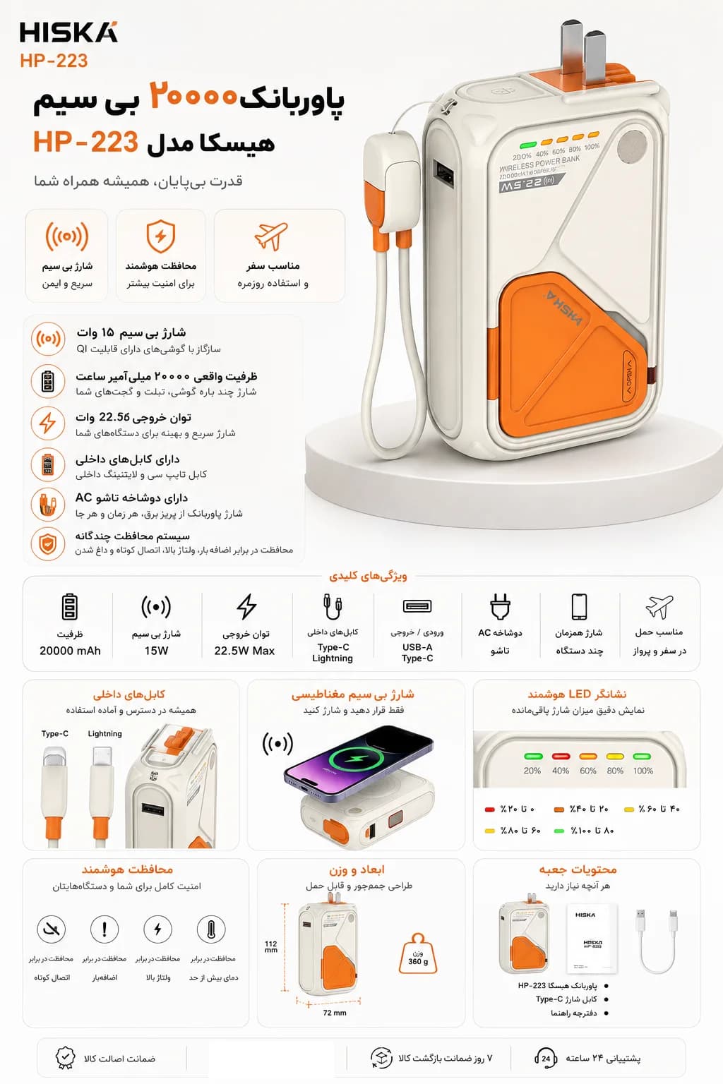 پاوربانک بی سیم هیسکا مدل HP-223PD ظرفیت 20000 میلی آمپر ساعت — تصویر ۱۱