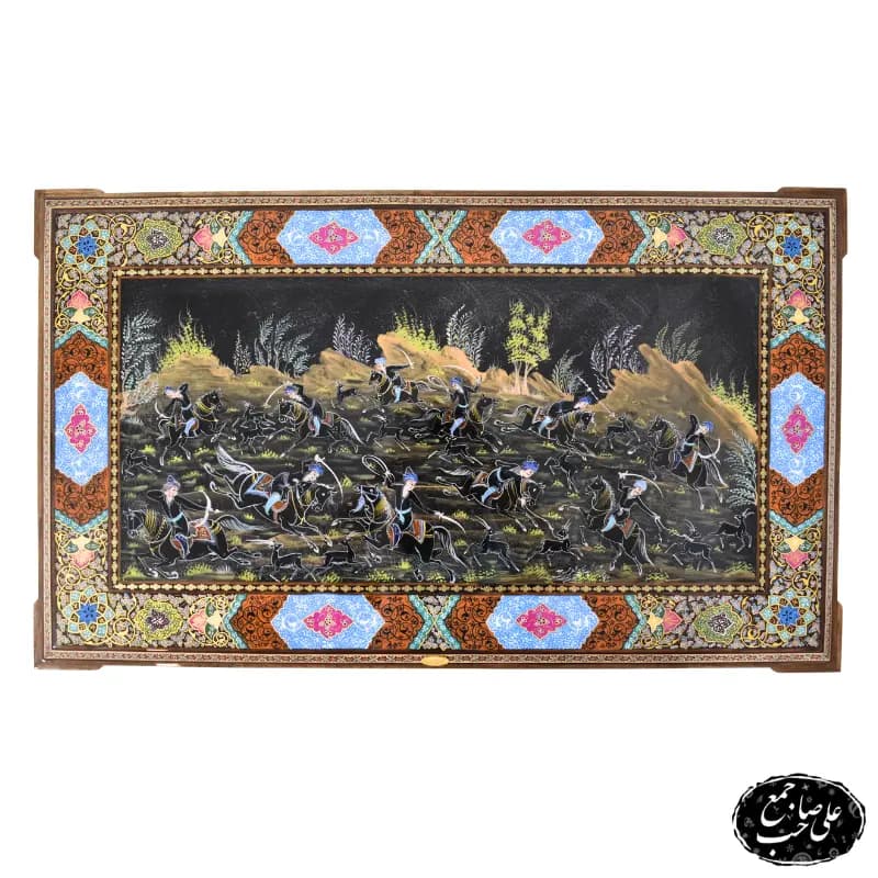 تابلو مینیاتور خاتمکاری اصل اصفهان نقاشی شکار و چوگان طرح سفید قلم