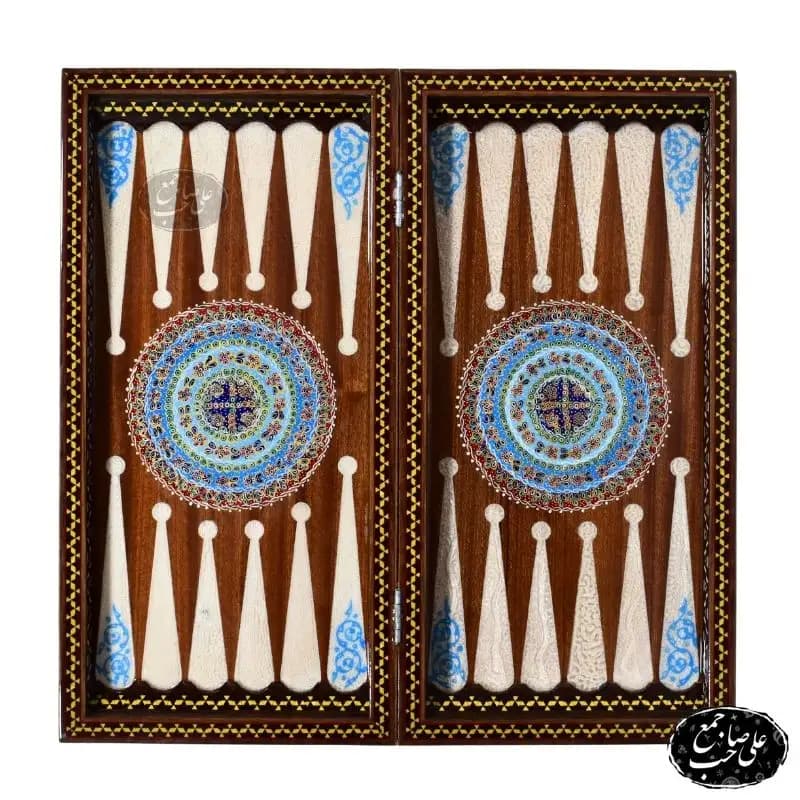 تخته نرد و شطرنج خاتم و چوب معرق‌کاری طرح نقاشی تذهیب ختایی ۵۰ سانت کد ۱۴۸