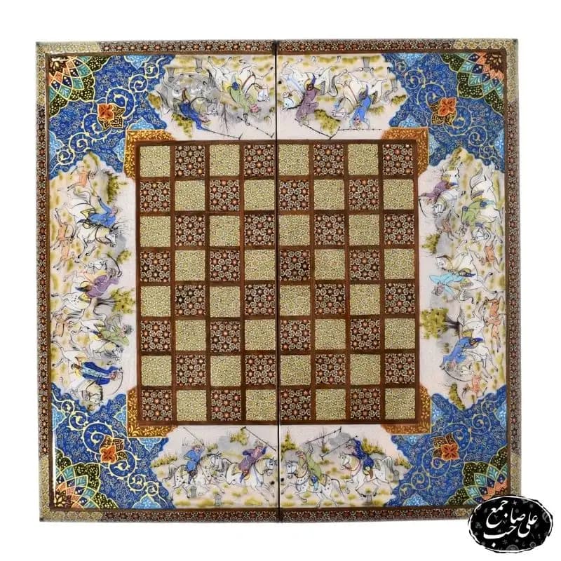 تخته نرد و شطرنج خاتمکاری طرح نقاشی چوگان و شکارگاه گوشه تذهیب کد 147