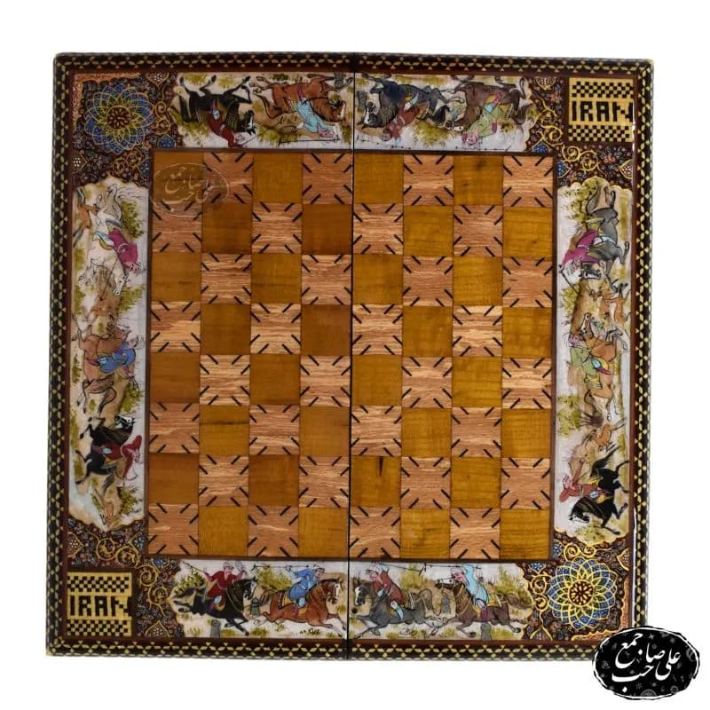 تخته نرد و شطرنج خاتمکاری و معرقکاری نفیس طرح چوگان و شکارگاه کد 144