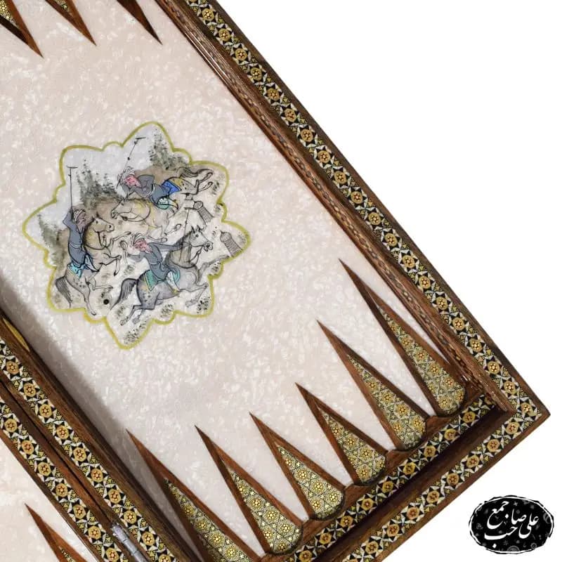 تخته نرد شطرنج 50 سانتی لبگرد خاتمکاری طرح اسب‌وچوگان کد 136 — تصویر ۴