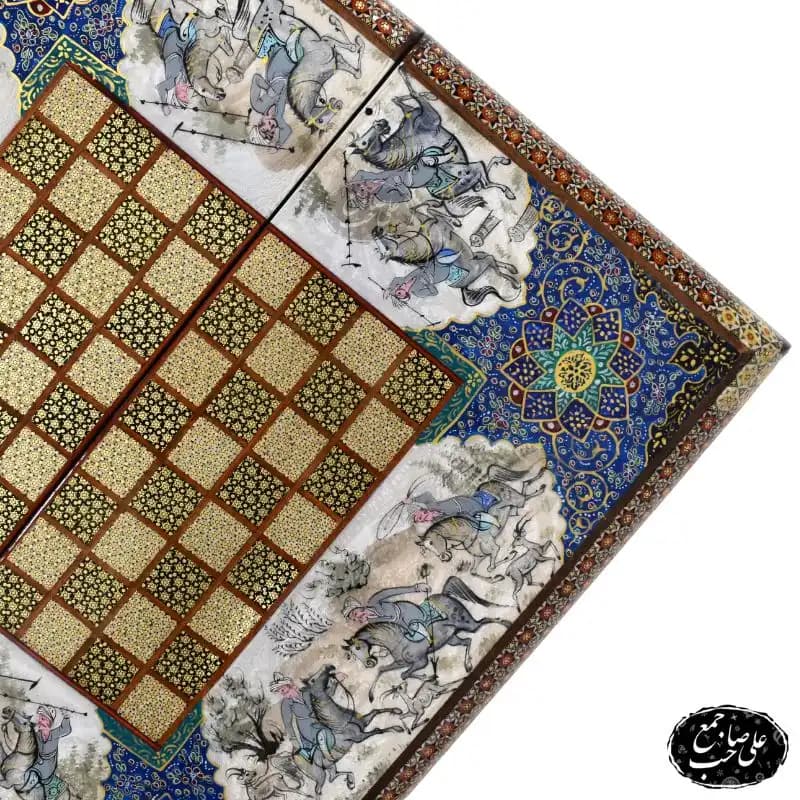 تخته نرد شطرنج 50 سانتی لبگرد خاتمکاری طرح اسب‌وچوگان کد 136 — تصویر ۵