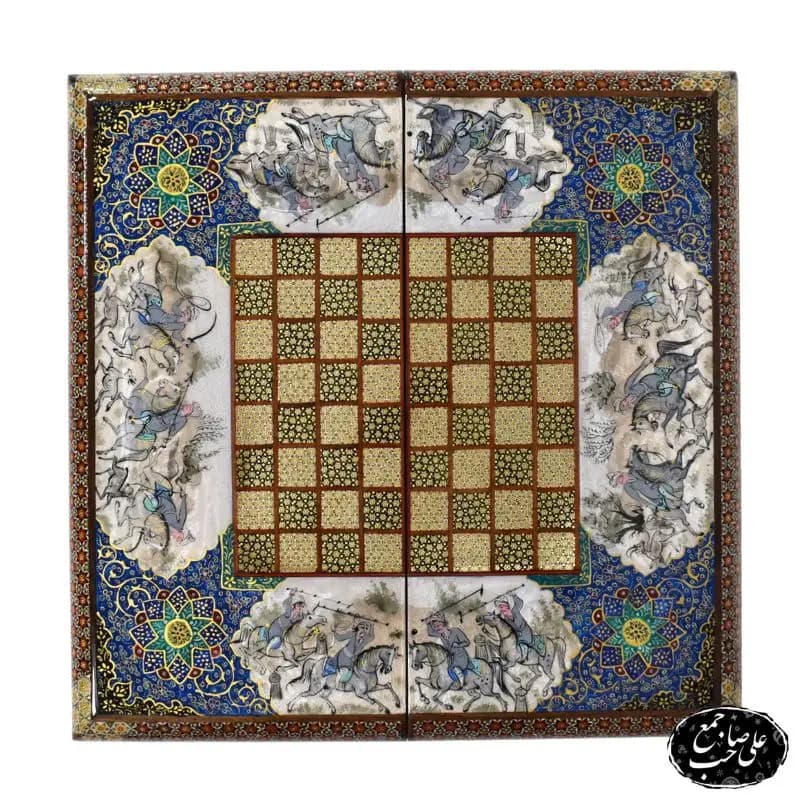 تخته نرد شطرنج 50 سانتی لبگرد خاتمکاری طرح اسب‌وچوگان کد 136 — تصویر ۲