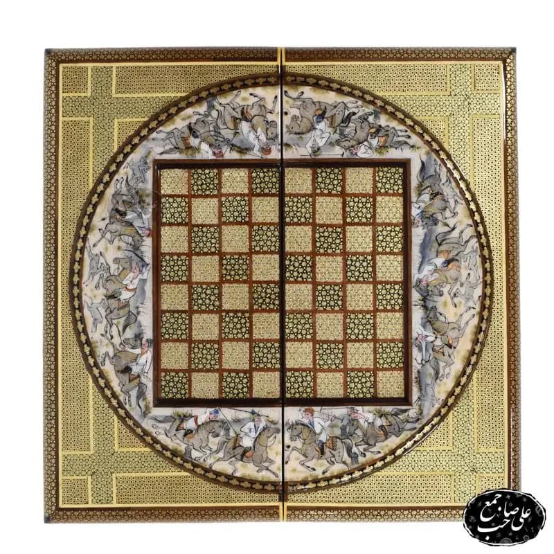 تخته نرد شطرنج لبگرد روگرد اعلاء خاتمکاری طرح اسبوچوگان کد 135