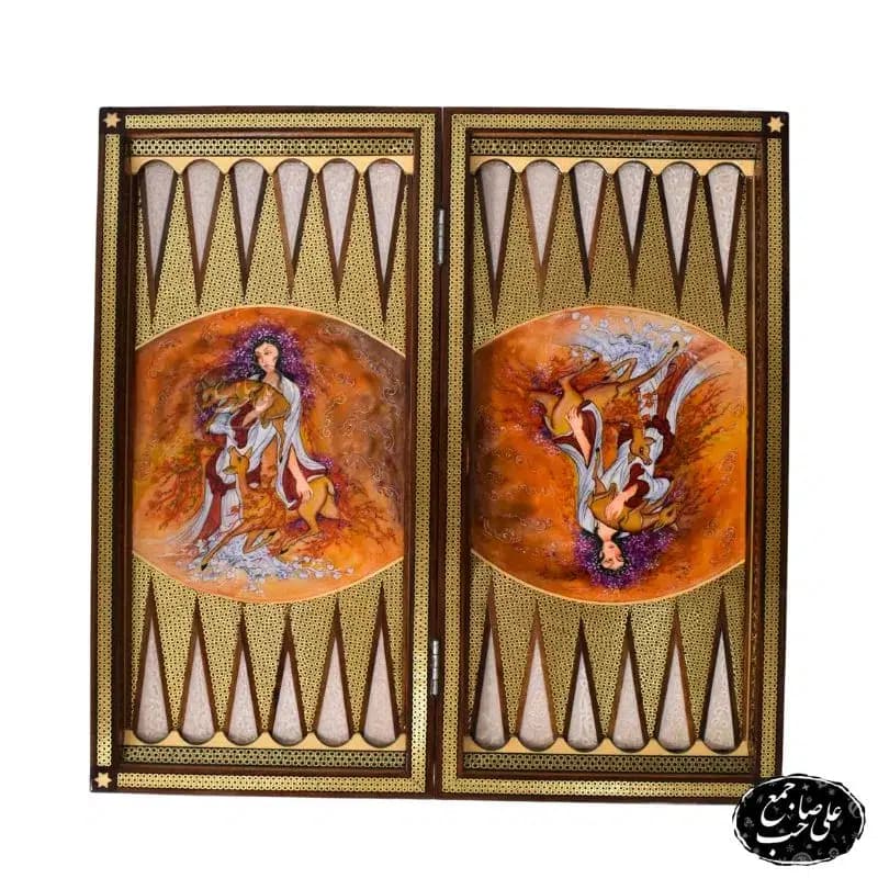 تخته نرد و شطرنج 50سانتی خاتمکاری طرح نگارگری فرشچیان کد 134 — تصویر ۶