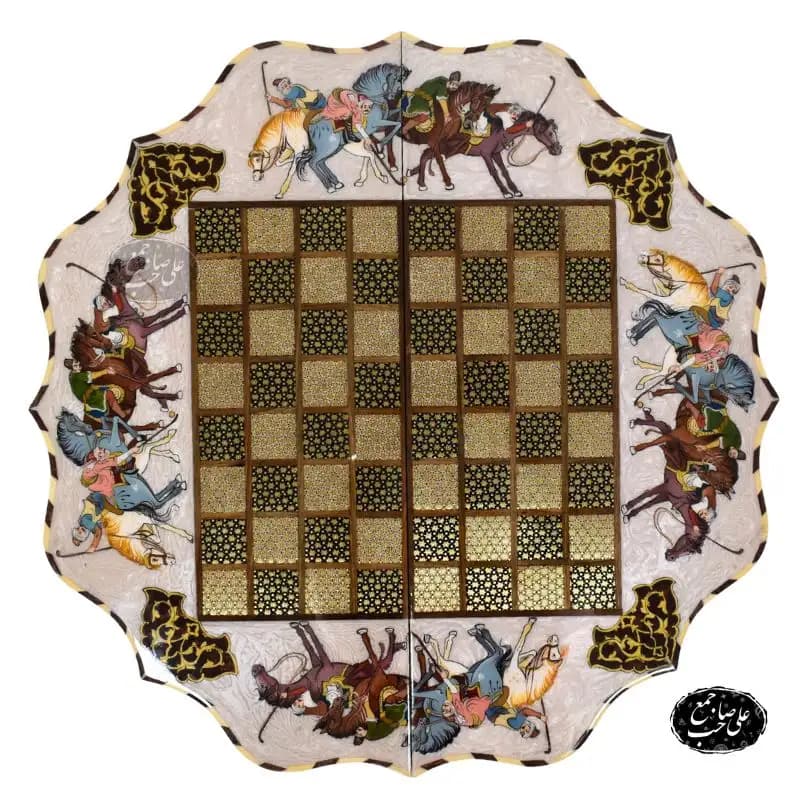 تخته نرد و شطرنج کنگره‌ای خاتمکاری طرح اسب‌وچوگان کد 127