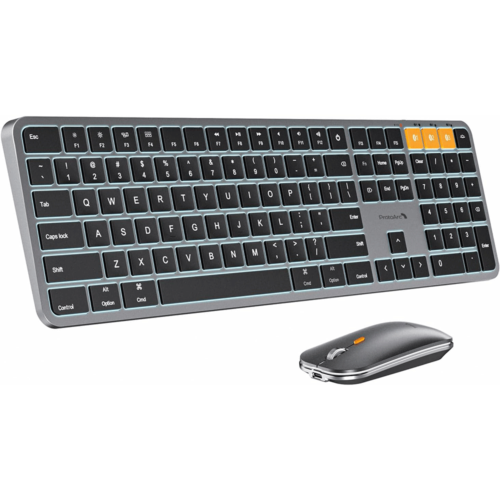کیبورد و ماوس بی‌سیم ProtoArc KM100-A برای Mac | فول‌سایز، بک‌لایت و شارژی