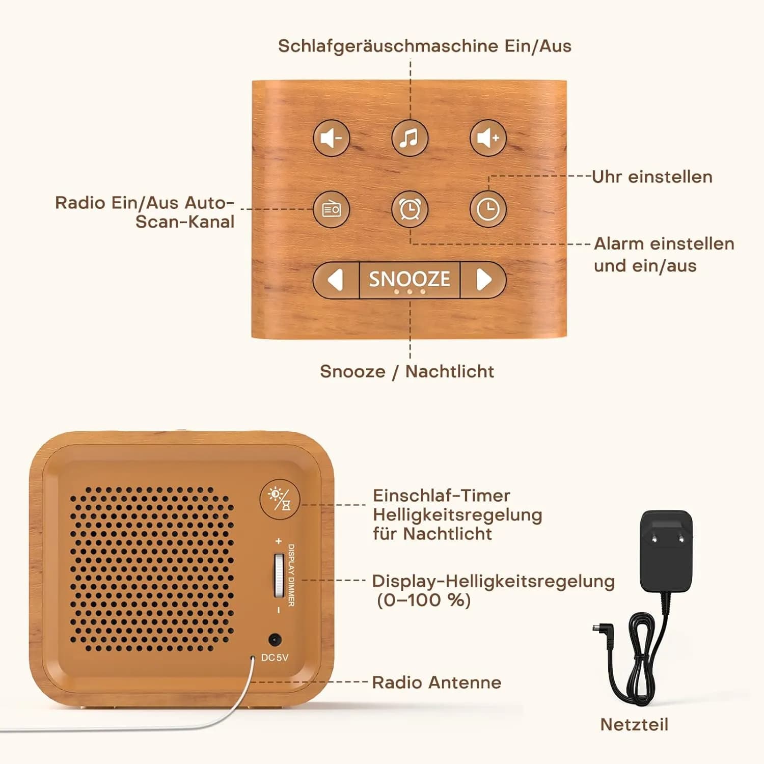 ساعت زنگ‌دار دیجیتال با رادیو FM، دستگاه صدای سفید و چراغ خواب برند REACHER مدل CR7W — تصویر ۸