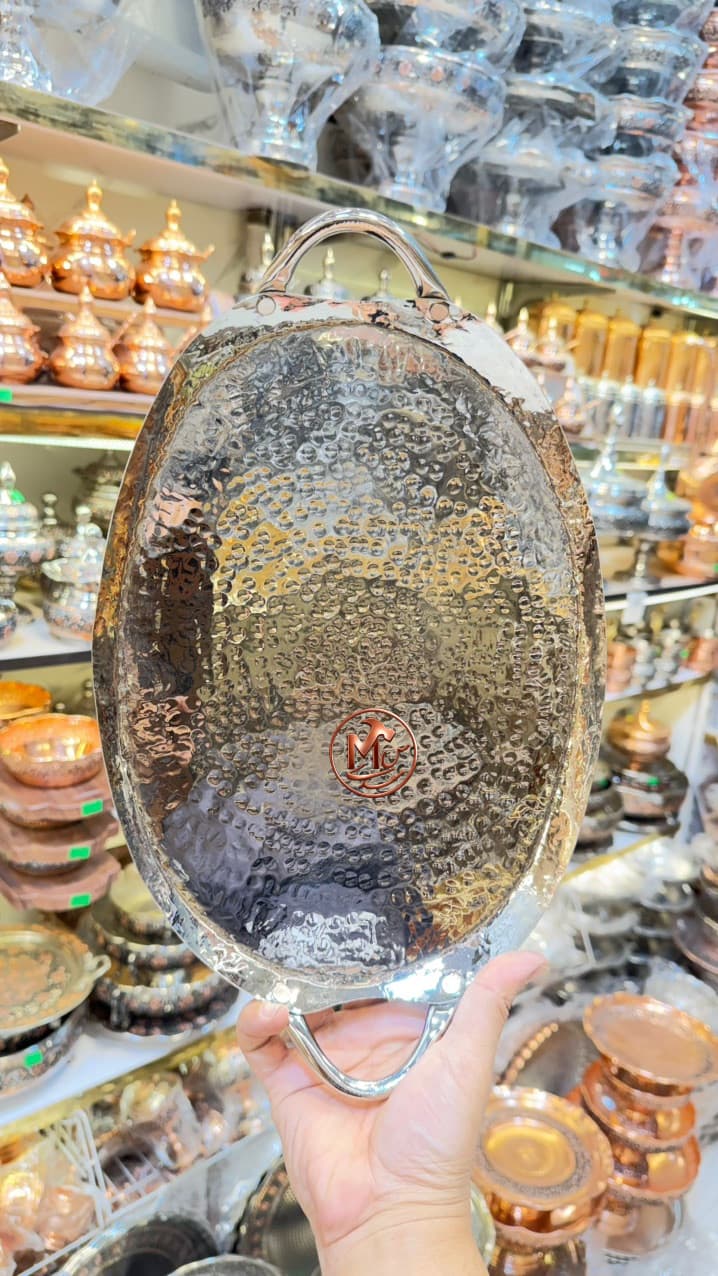 سینی مسی دست سازدسته دار کروم