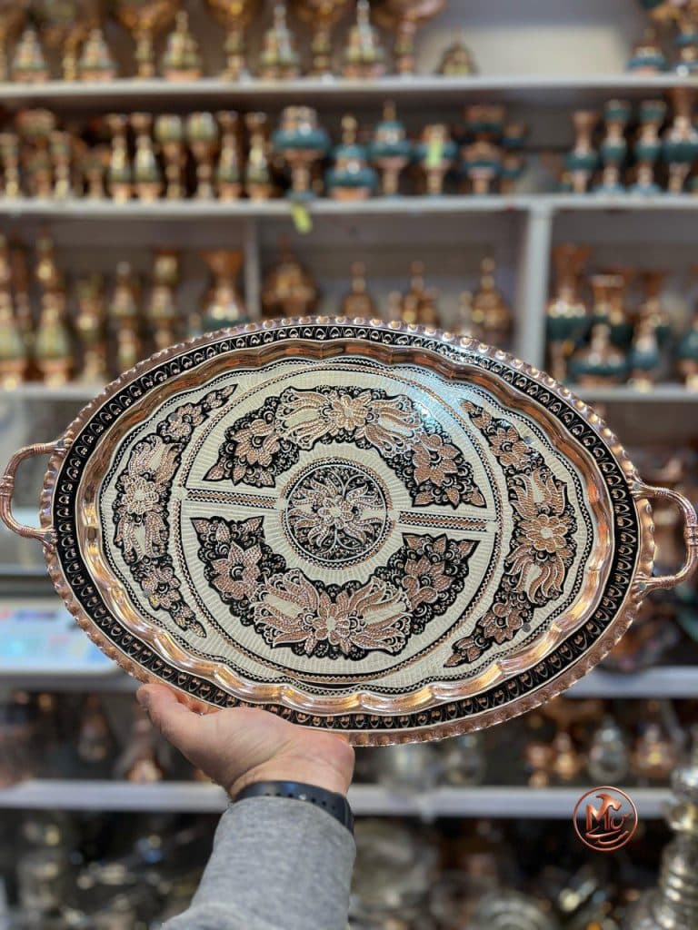 سینی مسی نقره کوب الماس تراش بادامی