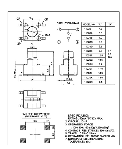 تک سوئیچ SMD سایز 6x6x4.3 چهار پایه سفید بسته 10 تایی — تصویر ۵