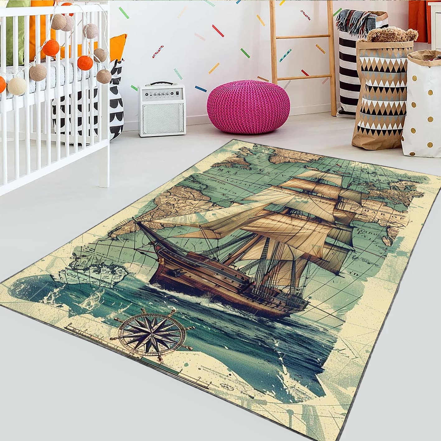 فرشینه طرح کشتی و قطب نما با زمینه نقشه WA-3790