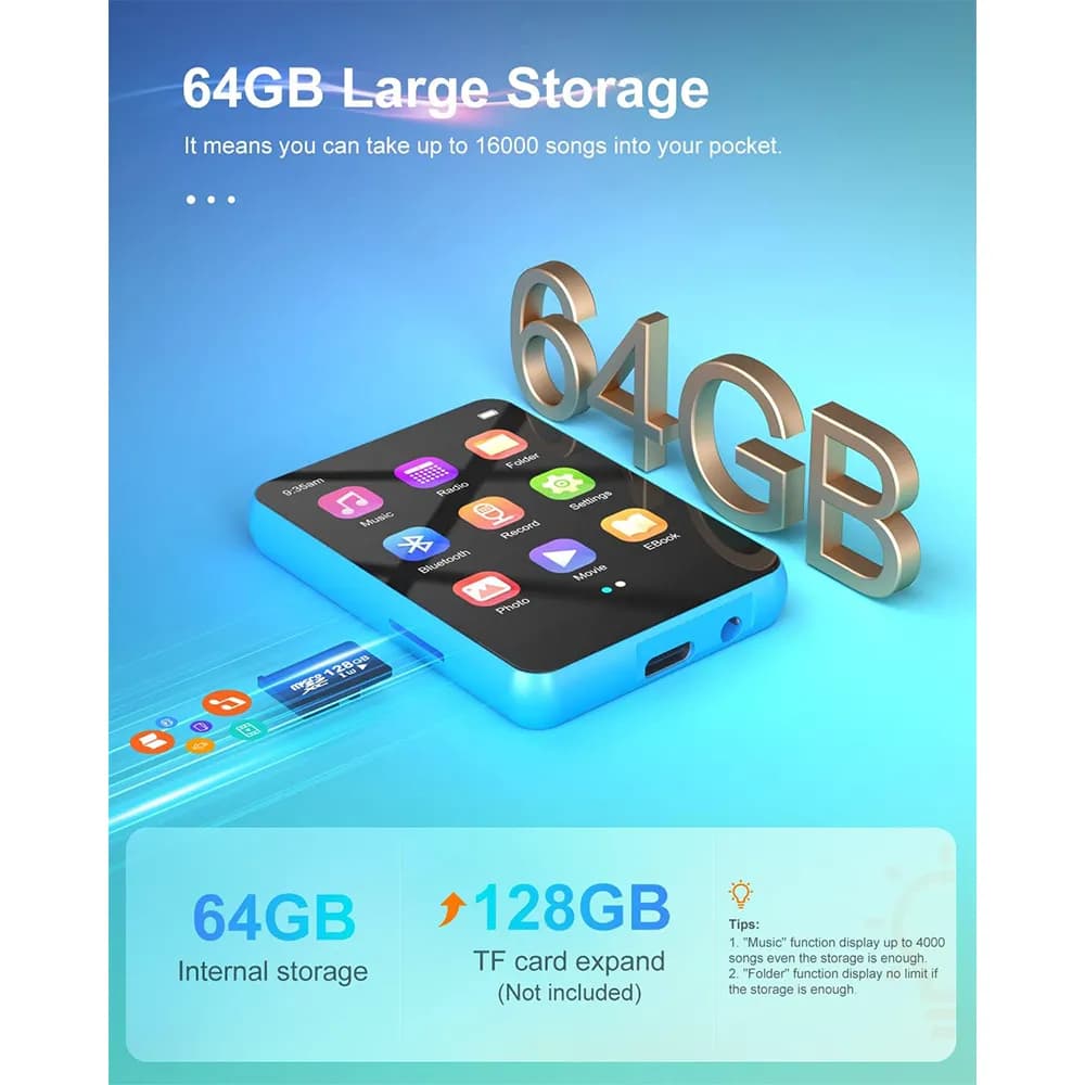پخش‌کننده موسیقی MP3 بلوتوثی با حافظه 64 گیگابایت برند joliker مدل M4S — تصویر ۹