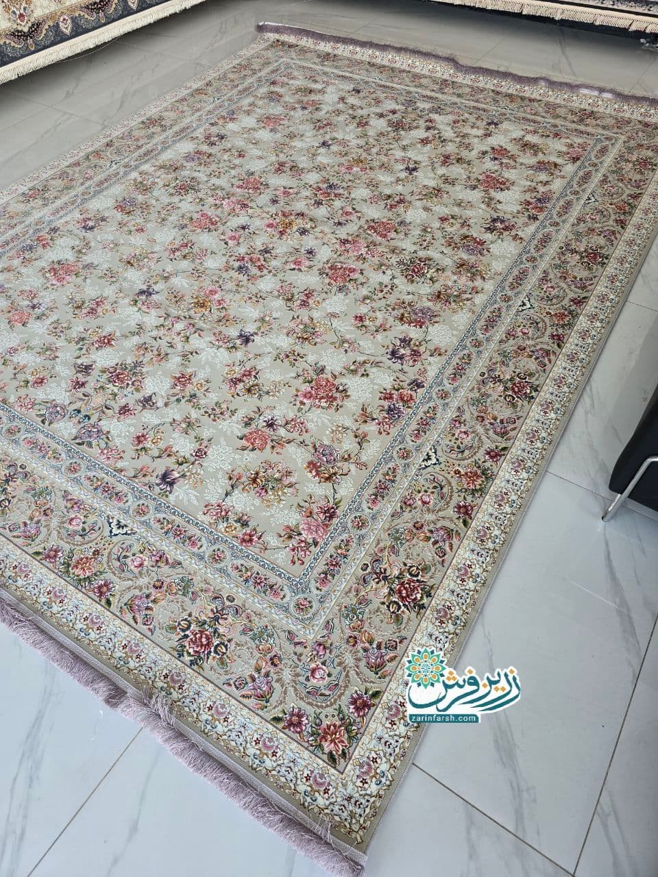 فرش ماشینی 1200 شانه طرح بهشت رنگ نقره ای
