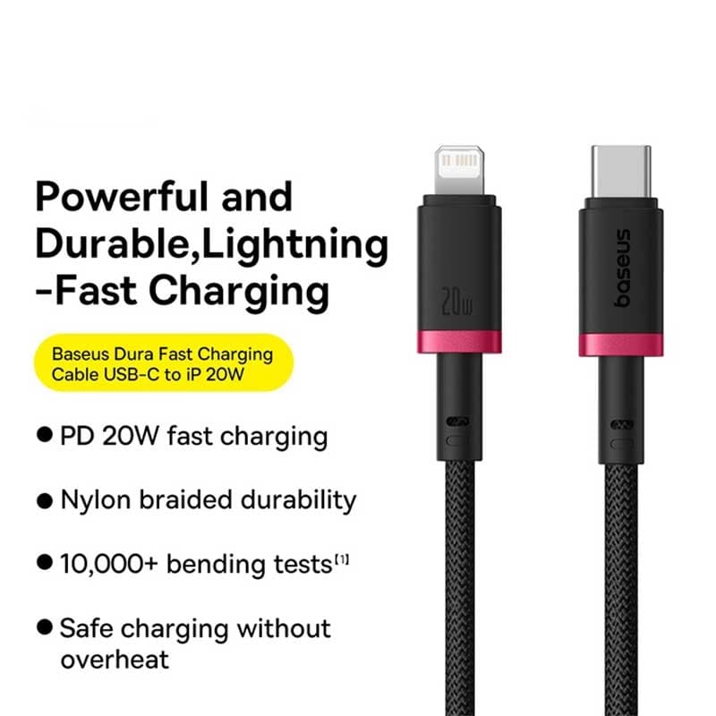 کابل شارژ سریع USB-C به Lightning بیسوس مدل Dura Series PD 20W طول 1m — تصویر ۵