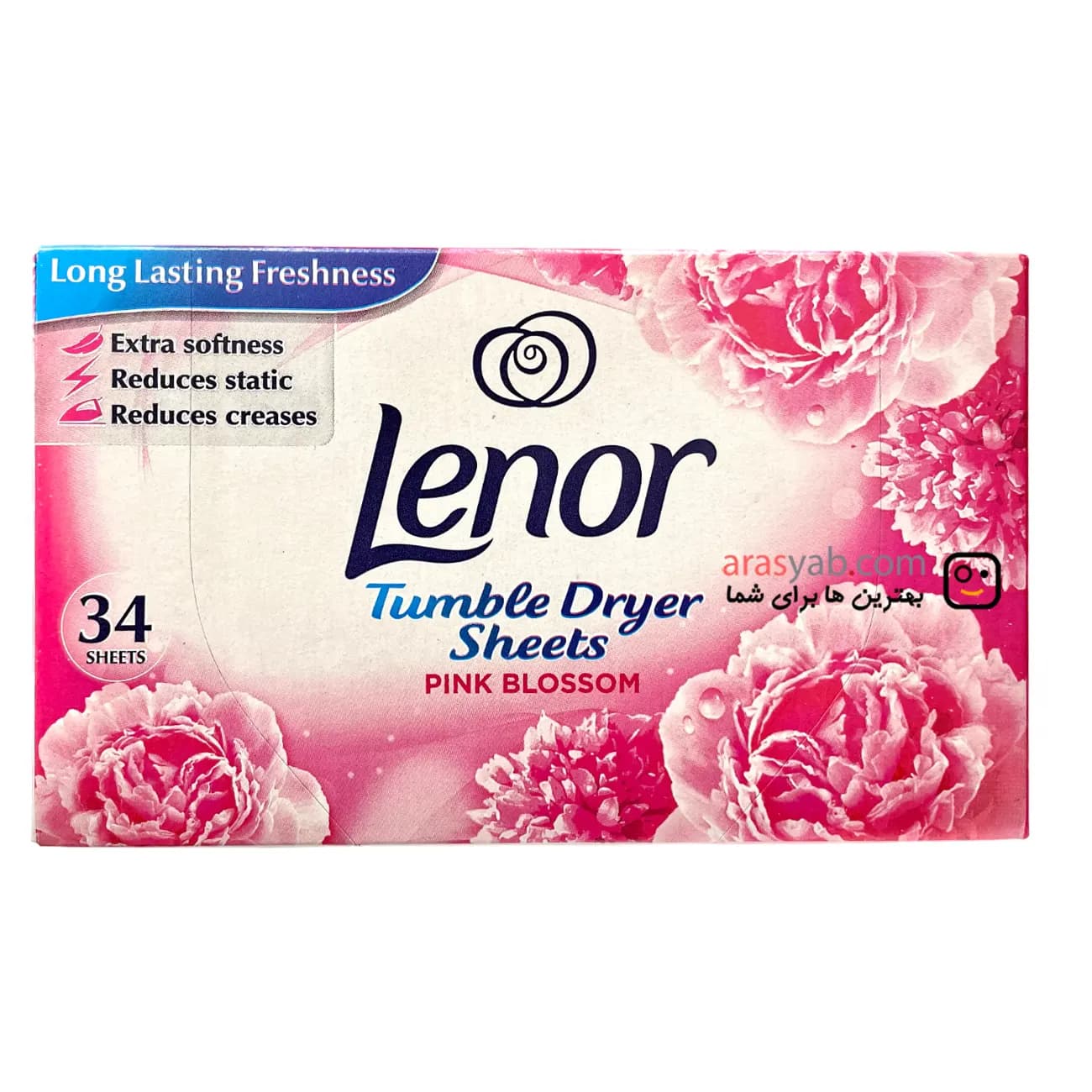 دستمال خوشبو کننده لباس لنور Lenor مدل Tumble Dryer Sheets با رایحه شکوفه صورتی بسته 34 عددی