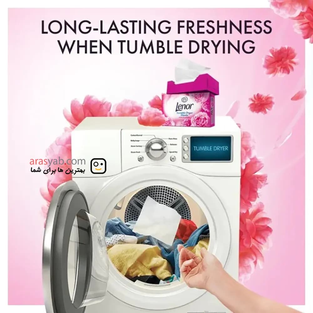 دستمال خوشبو کننده لباس لنور Lenor مدل Tumble Dryer Sheets با رایحه شکوفه صورتی بسته 34 عددی — تصویر ۲