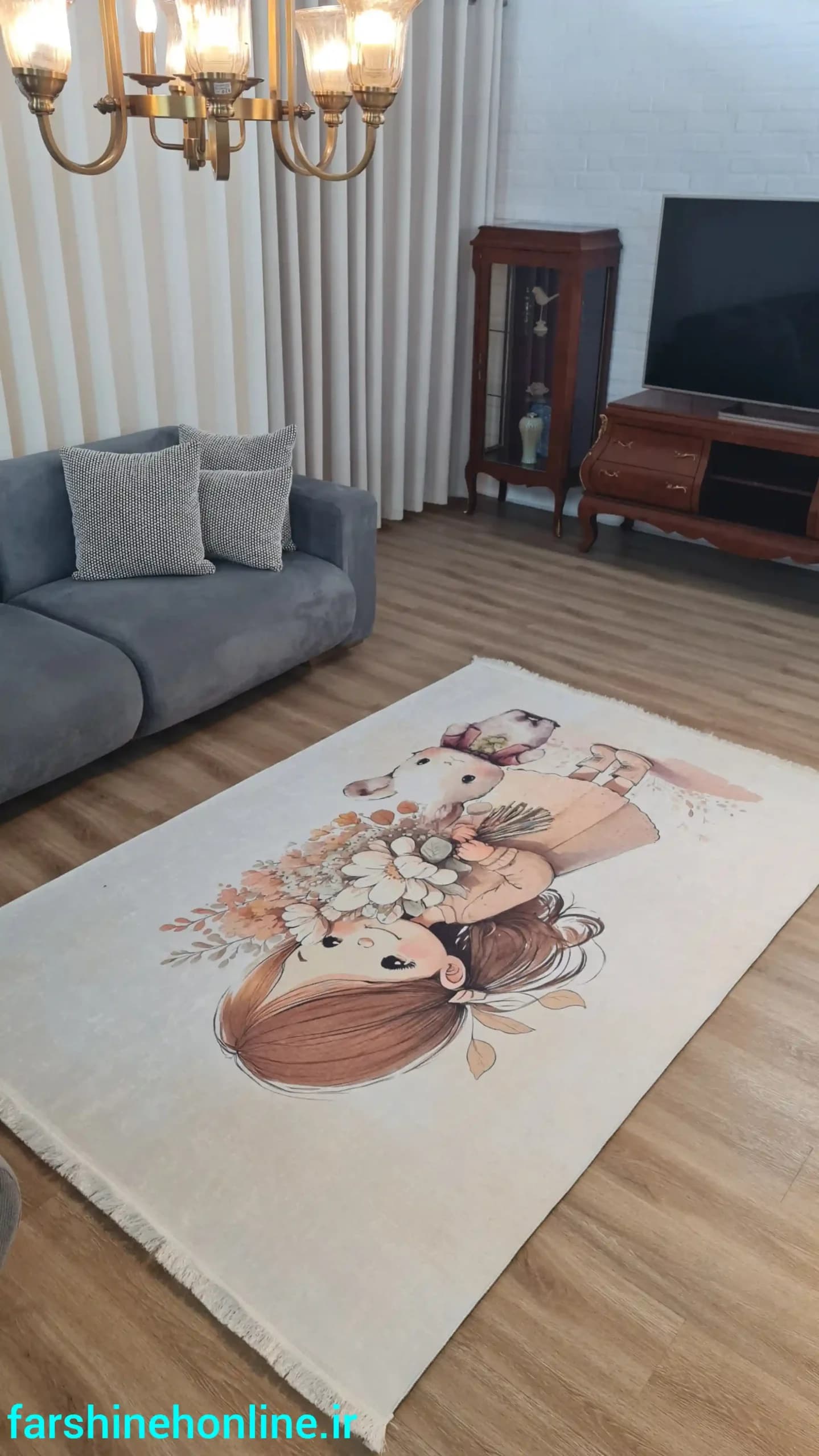فرشینه اتاق کودک و دخترانه طرح کارتونی دختر گل به دست و خرگوش — تصویر ۸