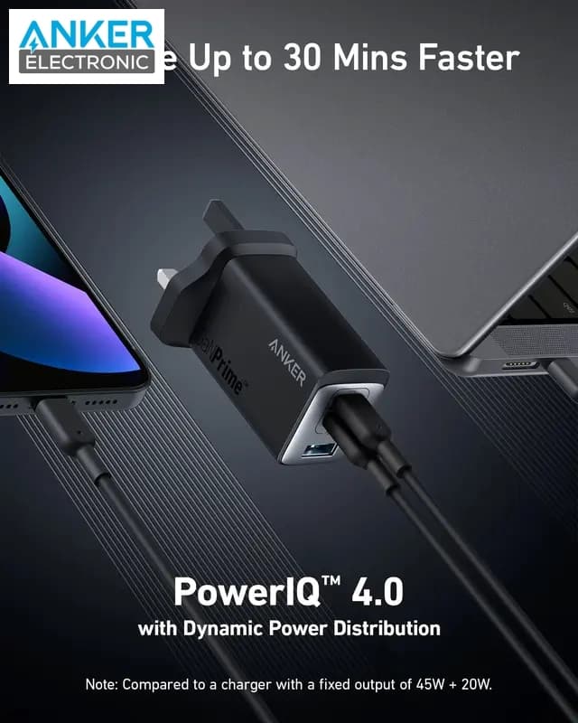 شارژر دیواری 65 وات انکر Anker 735 Charger GaNPrime 65W A2668 UK + مبدل پریز (هدیه) — تصویر ۳