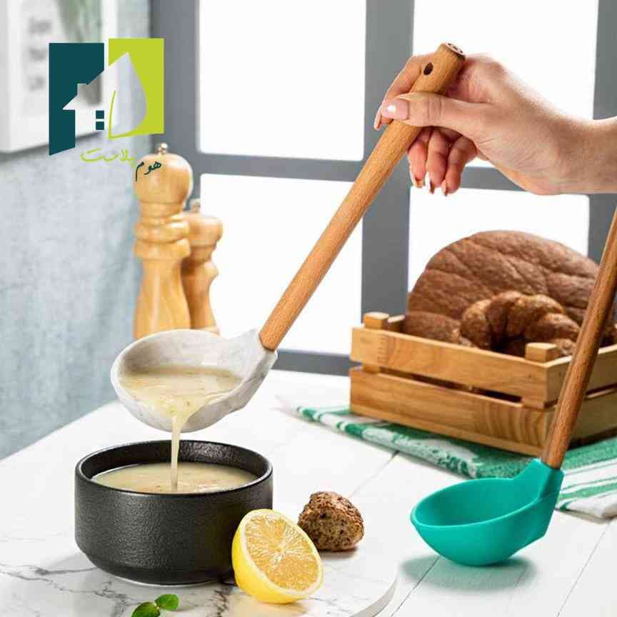 ملاقه سیلیکونی دسته چوبی گرد ev style — تصویر ۳