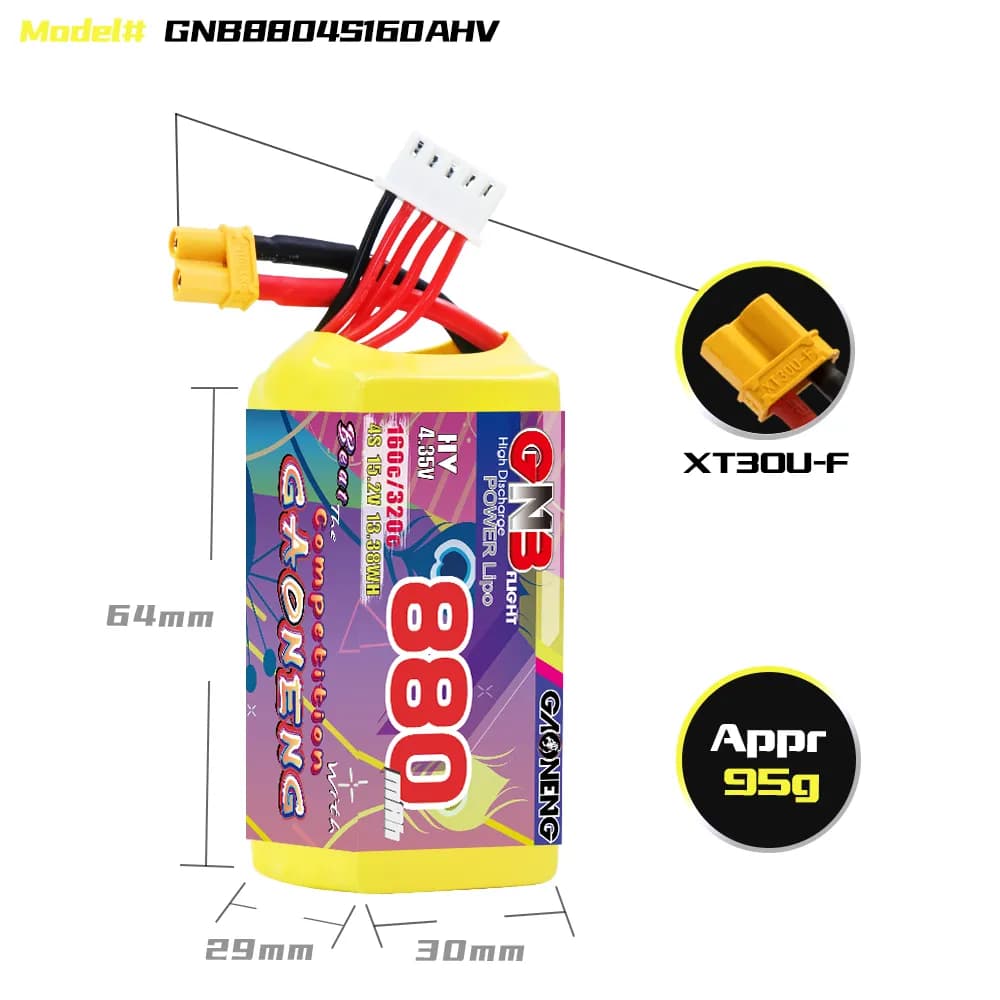 باتری GNB لیپو ۴ سل ۸۸۰ میلی آمپر | اف پی وی | GAONENG GNB LiHV 4S 15.2V 880mAh 160C XT30 LiPo Battery — تصویر ۳