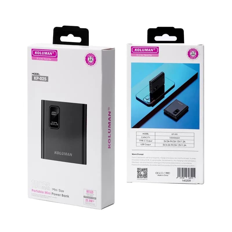 پاوربانک کلومن مدل KP-025MINI 22.5W ظرفیت 10000 میلی آمپر ساعت مشکی گارانتی 12 ماهه تکنوپاز — تصویر ۶
