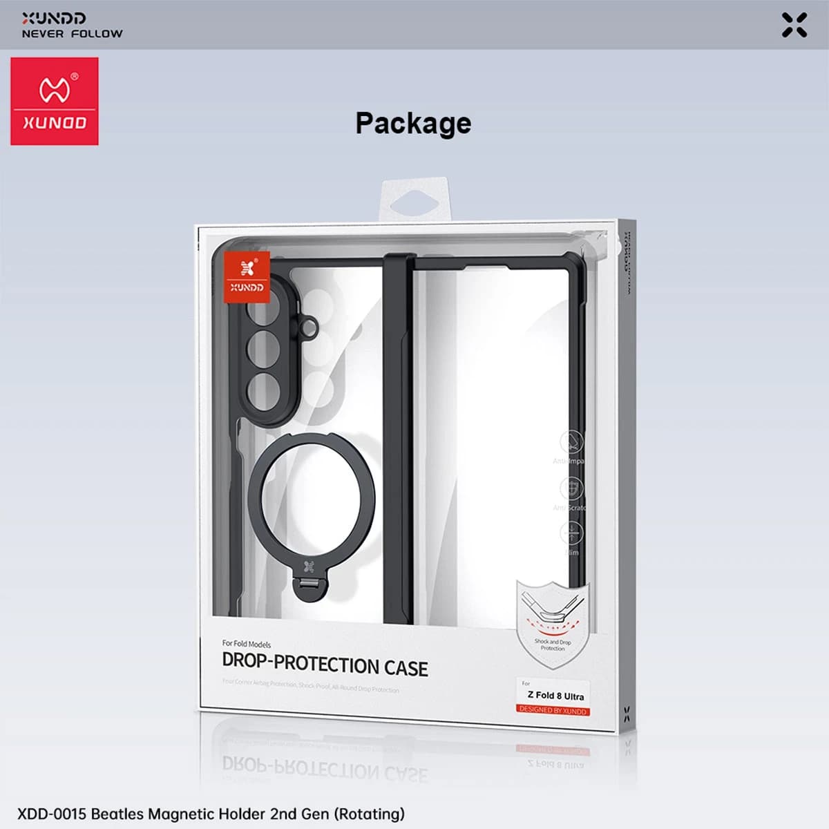 گارد کریستالی رینگ استند مگ سیف Galaxy Z Fold 8 Ultra مارک XUNDD سری Beatle Magnetic Holder — تصویر ۷