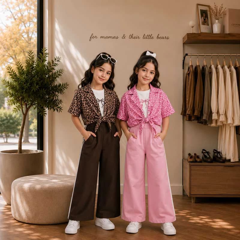 ست سه تیکه شومیز گره ای با شلوار و تاپ دخترانه