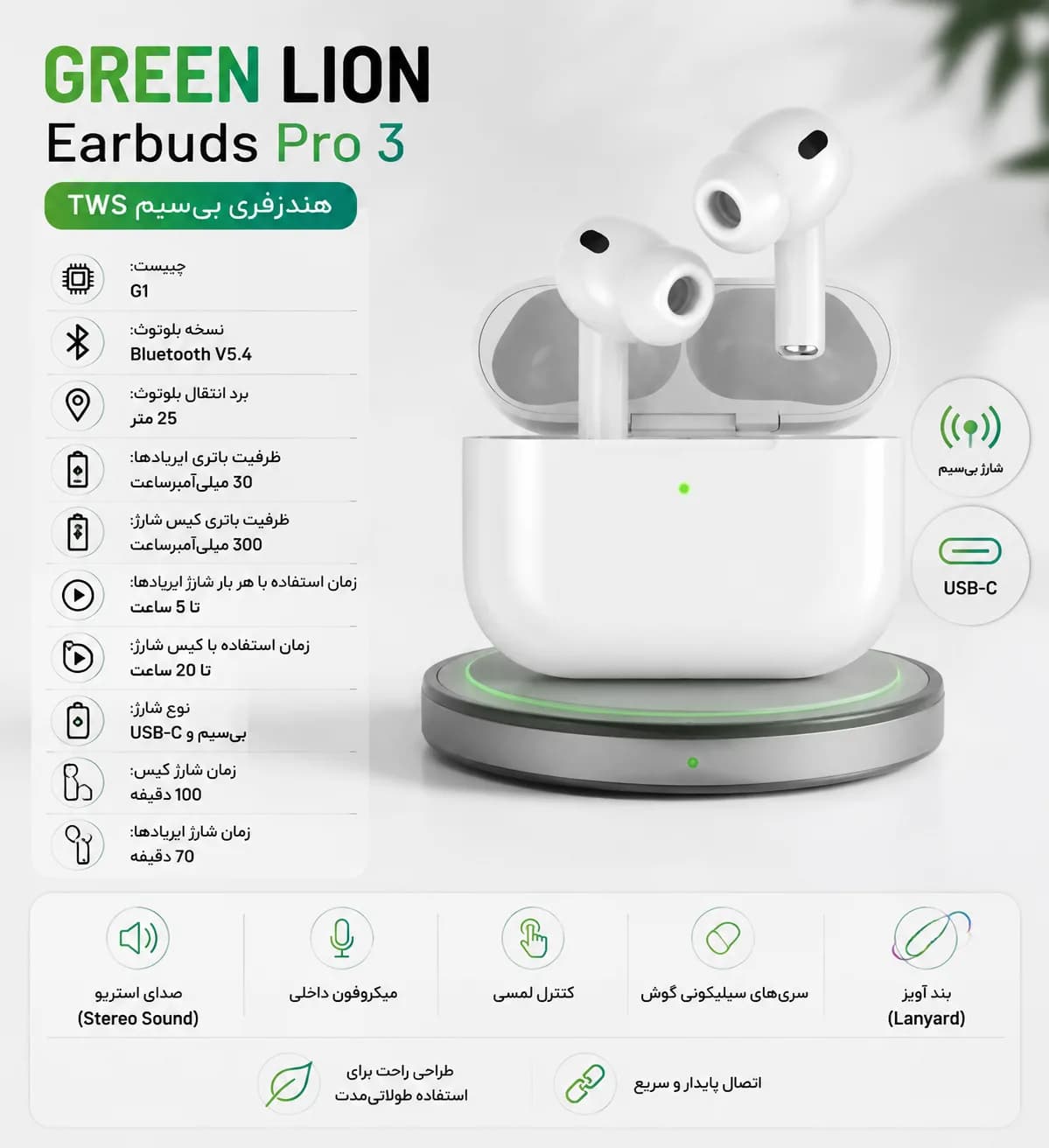 هندزفری بی‌سیم گرین لاین مدل Green Lion Earbuds Pro 3 True Wireless با بلوتوث 5.4 — تصویر ۲