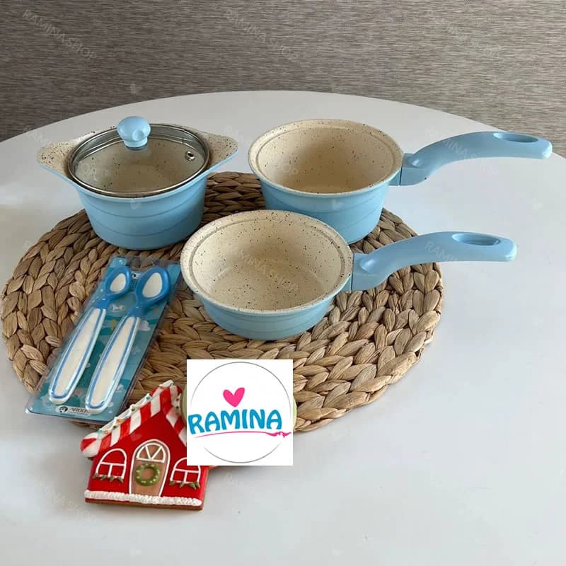 سرویس قابلمه گرانیتی 4 پارچه نوزاد مدل دیاکو آبی عروس Aroos — تصویر ۳